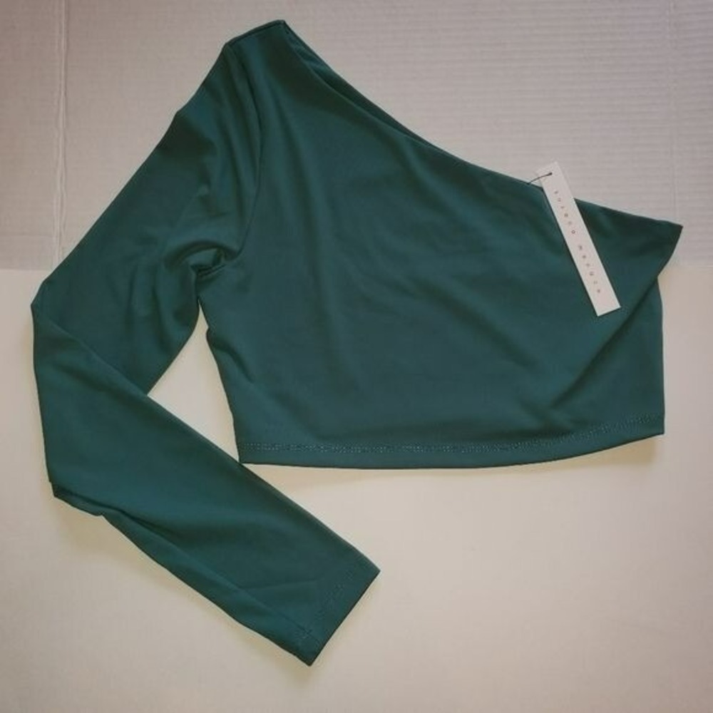 Susana Monaco "Blue Spruce" Teal One Shoulder Long Sleeve Crop Top Large NWT